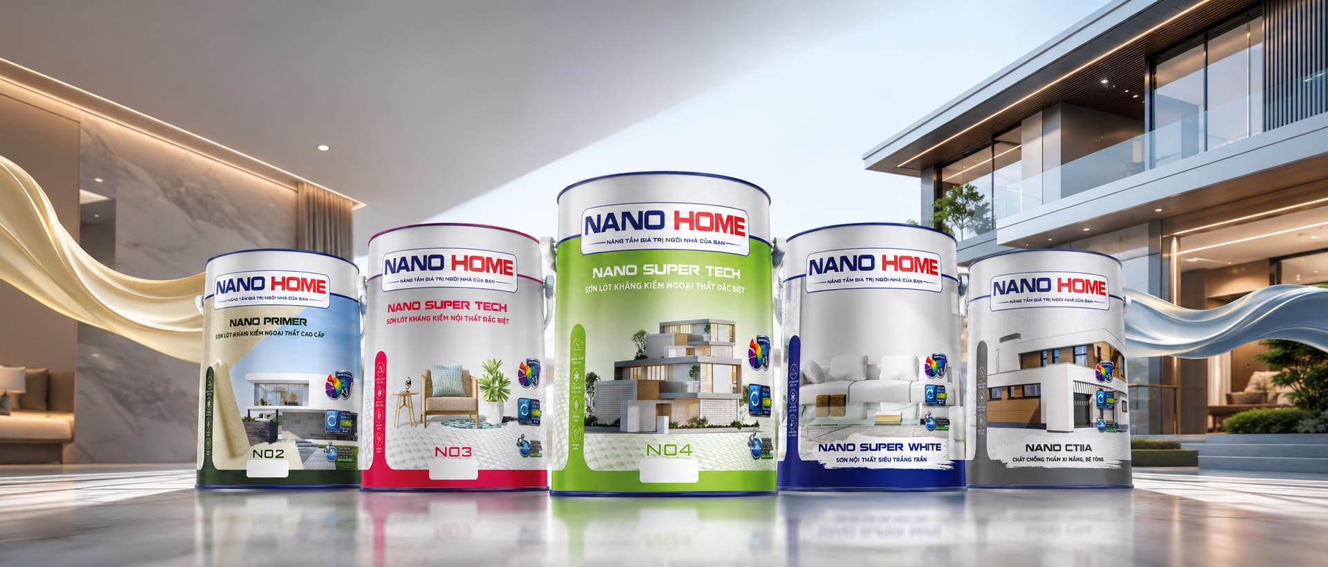 Bộ sản phẩm sơn NANO HOME: Nano Primer, Nano Super Tech, Nano Super White, Nano CT11A